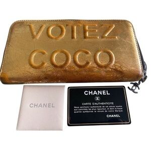 Chanel Runway 2015 Votez Coco Zip Around Wallet Embossed Leather Gold Limited Ed
